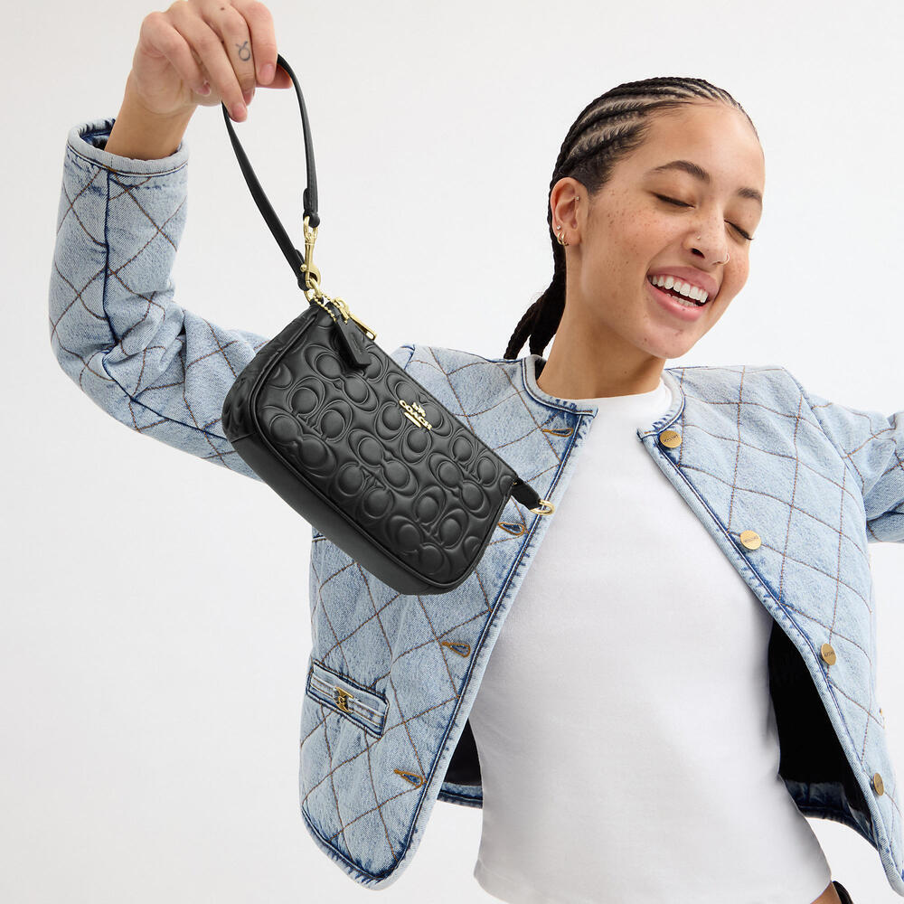 🖤💛Coach NWT Black Nolita 19 In Signature Embossed Leather With Gold Hardware - Picture 4 of 10